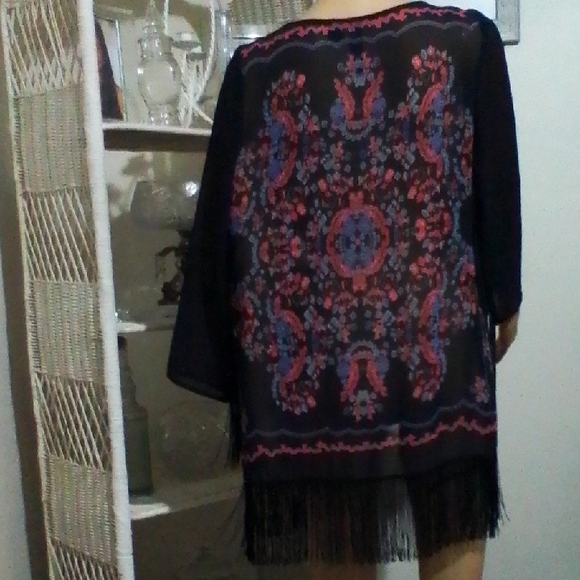 Petticoat Alley Semi Sheer Black Fringe Kimono with Red and Blue Embroidery - Picture 3 of 3